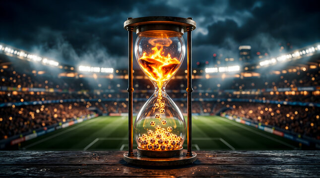 Burning Soccer Balls Hourglass Representing Final Countdown and Match Pressure
