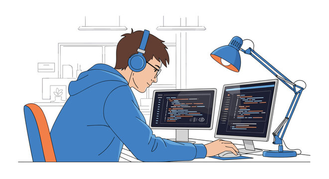 Software developer wearing headphones works on complex programming code using multiple monitors in a modern workspace.