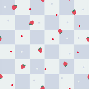 Blue plaid vibrant strawberries and dots seamless fabric design pattern.eps