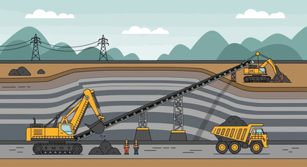 Coal Mining Operations: Excavators, Conveyor Belt, and Dump Truck in Quarry © Aji
