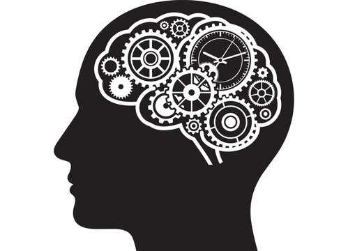 Black silhouette of a human head with clockwork gears in the brain