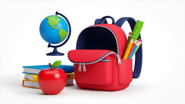 3D animation of school supplies appearing around an open red backpack including books globes pencils ruler and a red apple isolated on white background