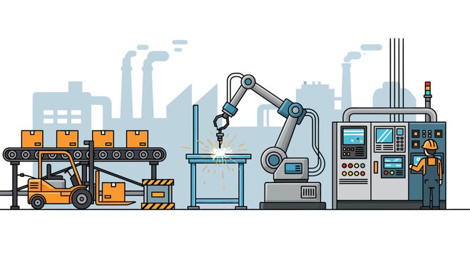 Automated factory with robotic arm, conveyor belt, forklift, and worker