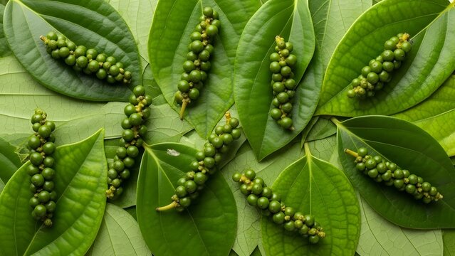 Peppercorns grow in clusters on lush green vines arranged in a flat lay pattern on a flat surface.