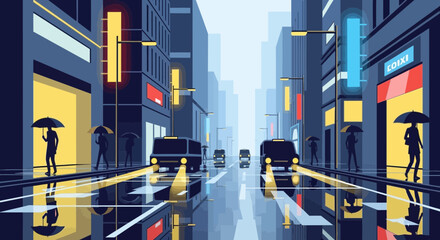 Futuristic City Street at Night with Rain, Reflections, and Pedestrians © Aji