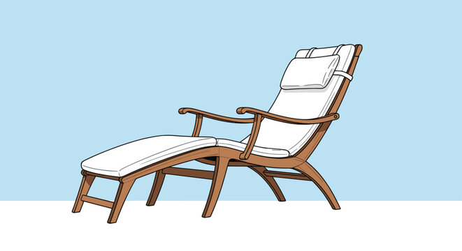 Modern wooden lounge chair with white cushions is shown against a simple blue background, suggesting a relaxing vacation.