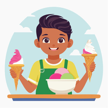 Boy Holding Ice Cream Cones and Bowl