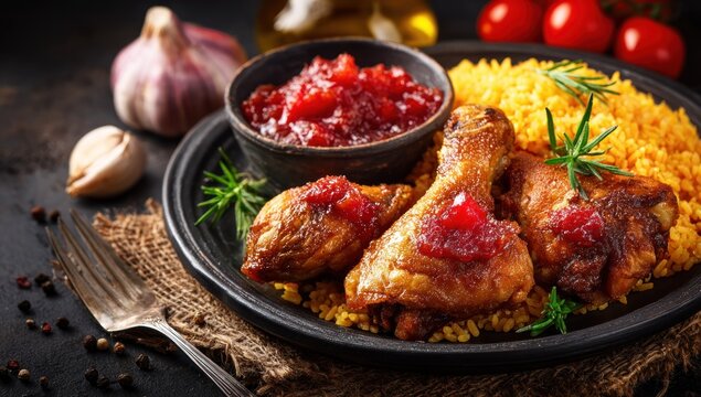 Plated savory poultry portions served with seasoned rice and bright fruit relish