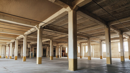 Naklejka premium Spacious industrial warehouse interior featuring structural columns, concrete flooring, and natural light. Suitable for logistics, storage, manufacturing, redevelopment, and commercial property concep