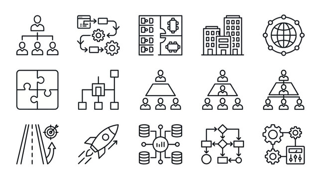 Business and management line icons set - organization, strategy, planning, company, global, solution, structure, hierarchy, goal, startup, data, process, workfl