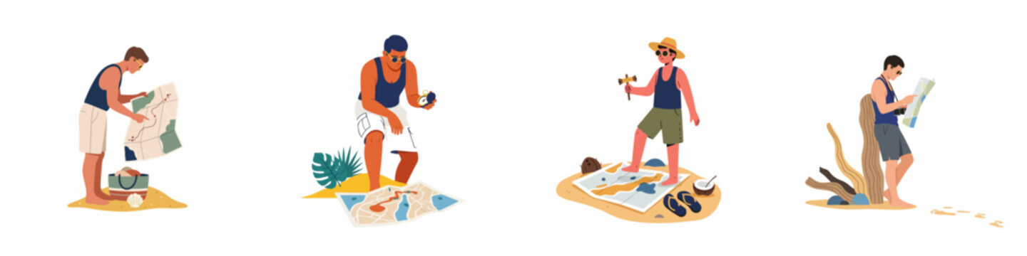 Set of four flat illustrations of men exploring, navigating with maps, and enjoying summer vacations on the beach.