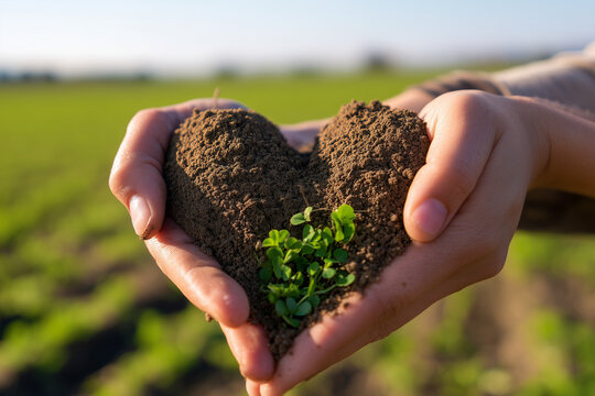 Hands holding fertile soil shaped like a heart with young green seedlings growing. Ideal for sustainability, environmental protection, agriculture, conservation, growth, and eco-friendly initiatives.