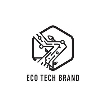 Eco tech brand logo with black hexagon and circuit board pattern with leaves vector illustration.