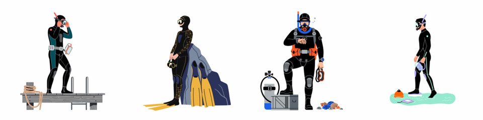 Collection of scuba divers in various poses with professional diving equipment and gear, flat vector illustration isolated on white background. © Muqodimatul