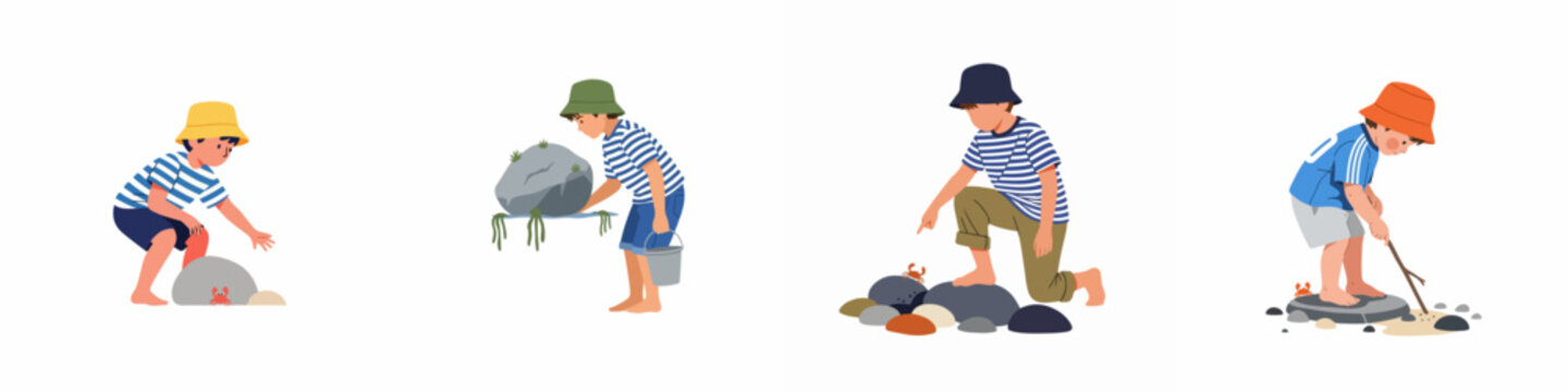 Illustrations of little boys in various poses exploring the beach, looking for crabs and playing with rocks by the sea.
