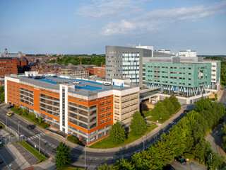 Leeds General Infirmary in Leeds, West Yorkshire, England, aerial view of the major NHS hospital, medical buildings and surrounding Leeds city centre skyline.