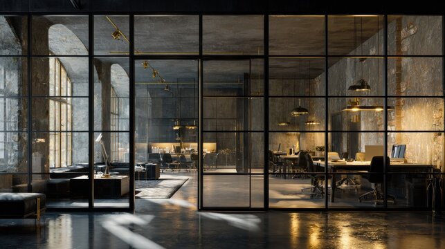 Industrial style office space divided by black framed glass partitions