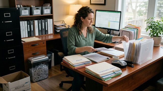 Professional Woman Systematically Sorting Documents and Organizing Office Area