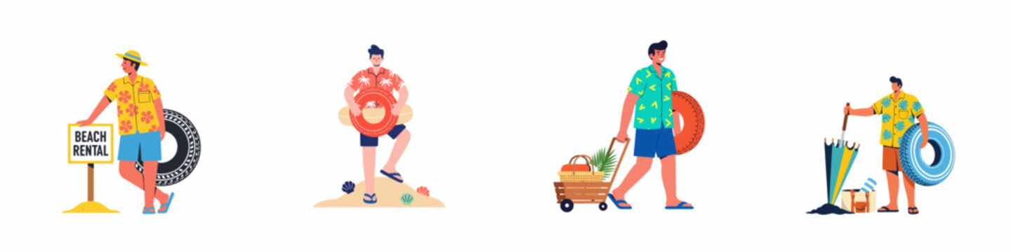 Set of flat illustrations featuring men in colorful summer shirts carrying beach gear like inflatable rings, umbrellas, and picnic baskets for a vacation.