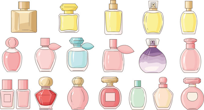 Luxury Perfume Bottle Vector Set Featuring Elegant Pastel Pink Yellow and Blue Fragrance Glass Flacons For Cosmetic Branding Beauty Salon Displays and Gift Advertisement Designs