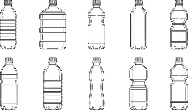 Plastic Water Bottle and Beverage Container Icon Set Featuring Varied Galon Mineral Water Soda Flasks and Reusable Jug Line Art Vectors For Packaging and Recycling Designs