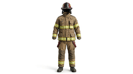 Fototapeta premium Isolated professional firefighting protective suit, complete with helmet, jacket, and trousers, prepared for emergency response and crucial fire safety operations on a white background