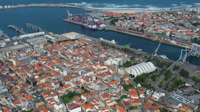 Aerial view of  the old town around the city Matosinhos in Portugal beside the harbor on  a sunny summer day.
