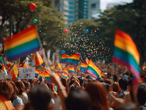 people having LGBT pride parade rainbow accessories flags gay lesbian love parade pride festival transgender love concept