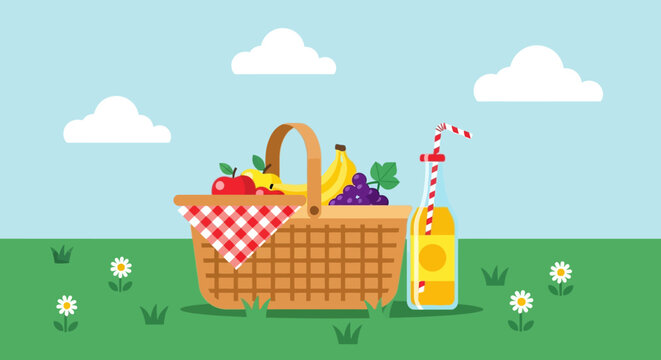 Picnic Basket Filled with Fruits and Juice Vector Illustration