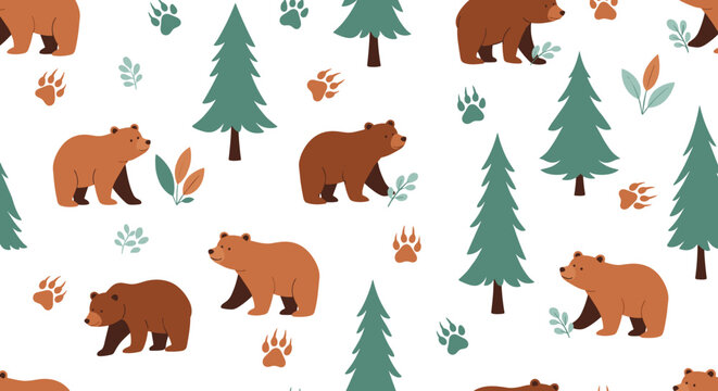 Seamless pattern with brown bears walking through a pine forest with paw prints and leaves on a white background.