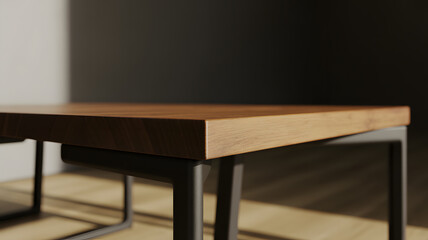 Fototapeta premium A modern wooden coffee table with metal legs in a minimalist room setting
