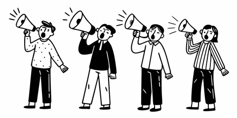 Obraz premium People Announcing With Megaphones Minimalist Line Art Illustration
