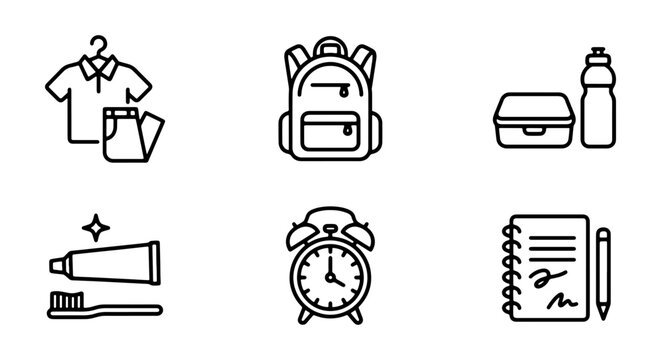 Back to School Icons Set, 6 Simple Line Art Graphics for Education and Daily Routine