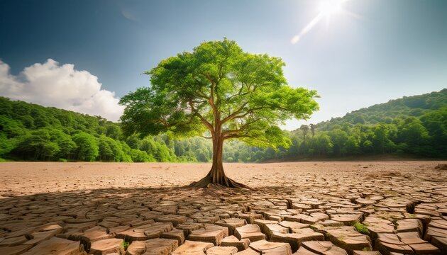resilient tree thrives in dry cracked earth beside lush green forest