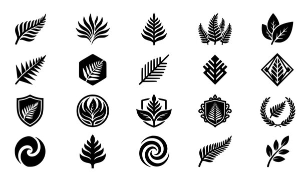 Black Silver Fern Leaf Emblem Icon Pack Simple Botanical Vector Collection