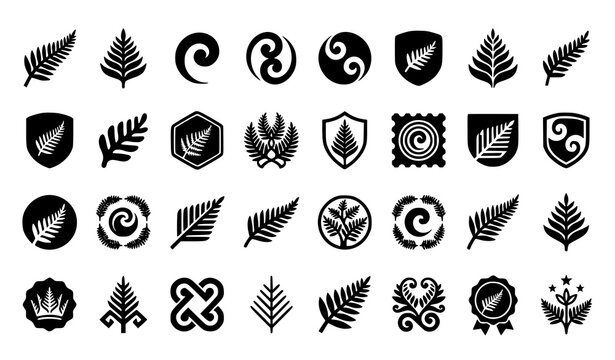 Classic Silver Fern Icon Set Black Glyph New Zealand Botanical Emblem Vector