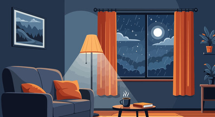 Cozy living room at night with window view of moonlit stormy sky, warm lamp light © Ani
