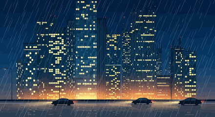 Pixel art cityscape at night with rain and car lights on wet road © Ani