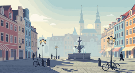 Pixel Art City Square with Fountain and Historic Buildings © Arif