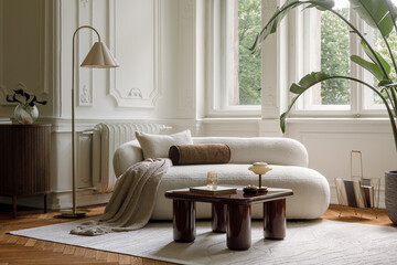 Minimalist living room with modern elegant furniture, large window, and cozy soft decor in a spacious apartment