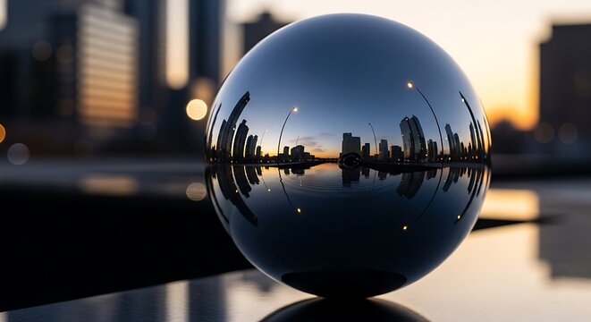 Reflective Glass Sphere Showing Modern City Skyline at Sunset Waterfront