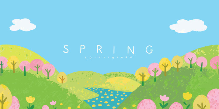 Floral ornament with spring text on a light blue background