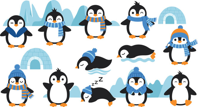 Cute Penguin Character Vector Icon Set with Winter Costumes, Igloos, and Arctic Icebergs for Christmas Cards, Children Books, and Holiday Season Graphic Designs