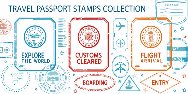 Travel Passport Stamps Collection Colorful Vector Illustration With Border Designs