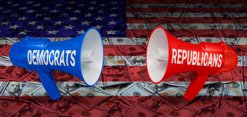 Fototapeta premium Democrats vs Republicans megaphones loudspeakers on USA flag and dollar bills. US elections, political division, campaign finance, debate, competition and power struggle concept.