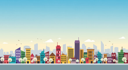 Obraz premium Colorful cartoon cityscape with modern buildings and trees under a blue sky