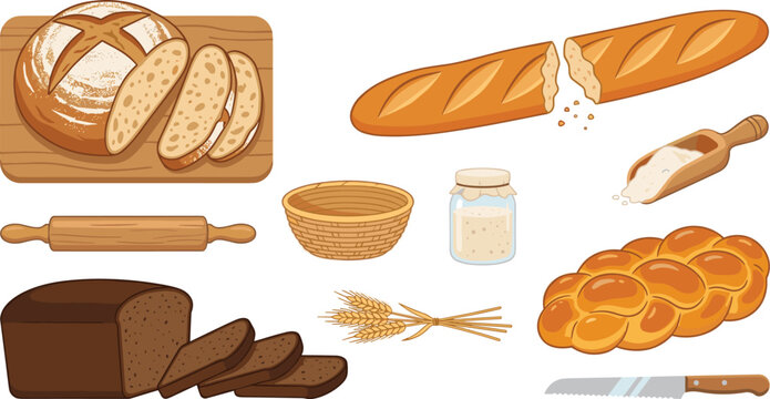 Artisan Bread and Baking Tools Vector Illustration Featuring Loaves, Baguette, Challah, Flour, Rolling Pin, and Wheat for Culinary Design Projects