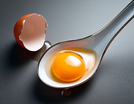 fresh raw egg cracked in spoon with dripping egg white and yolk on gray background culinary ingredient concept