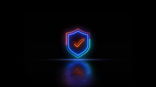 Neon glowing Shield check mark icon video animation. Neon glowing security protection verification safety approval video motion. Bright glowing Security shield icon video animation.