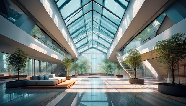 modern interior architecture of a glass atrium with a geometric skylight above